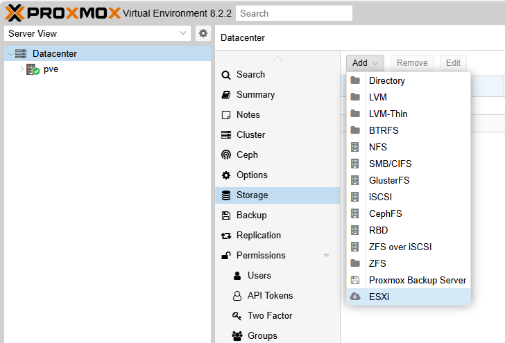 ESXi VM 轉移到 PVE 操作介面畫面