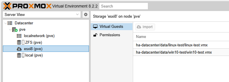 ESXi VM 轉移到 PVE 操作介面畫面