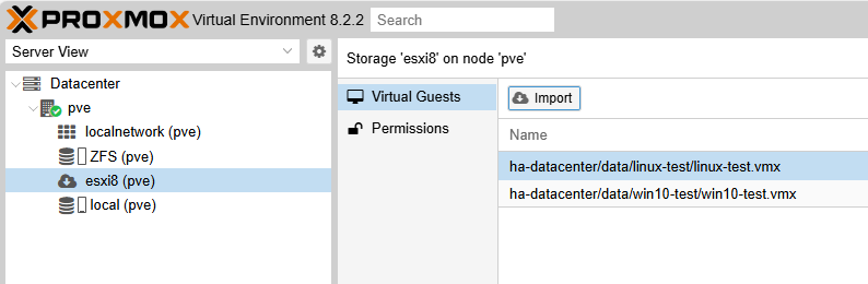ESXi VM 轉移到 PVE 操作介面畫面