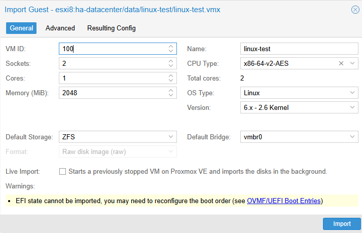 ESXi VM 轉移到 PVE 操作介面畫面
